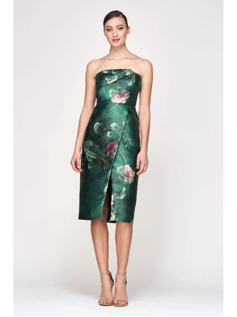 Kay Unger Floral Mikado Strapless Bodice Faux Wrap Front Slit Dress Size 6